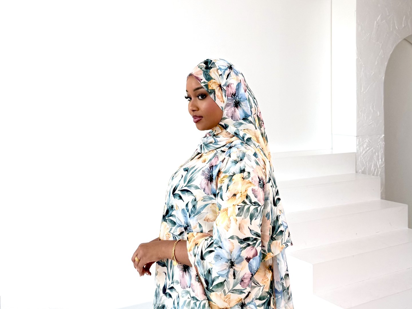 Model wearing the Velvet Garden floral hijab from The Watercolor Edit